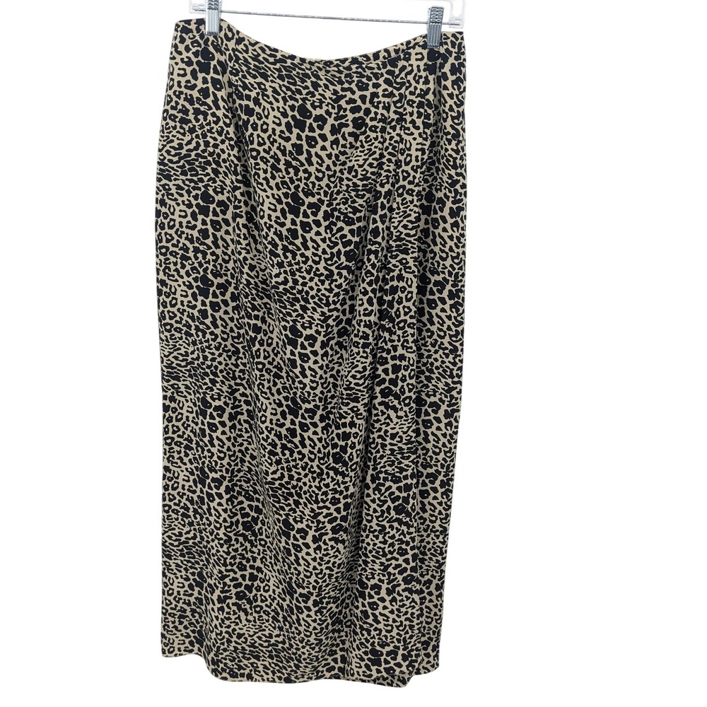 Spenser Jeremy Silk Maxi Skirt Women 12 Tan Leopard Print Faux Wrap Contemporary